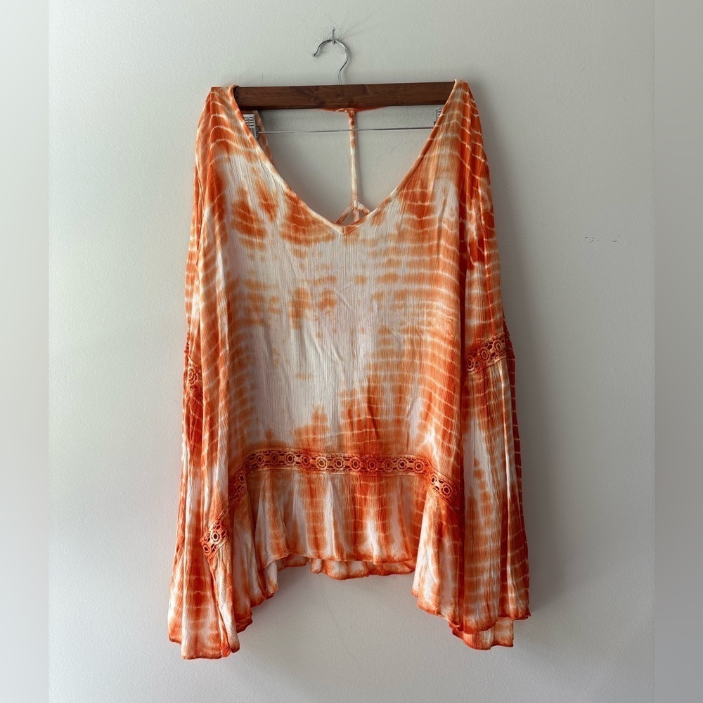 Venus tie-dye orange and white long sleeve loose fit tunic top size L‎